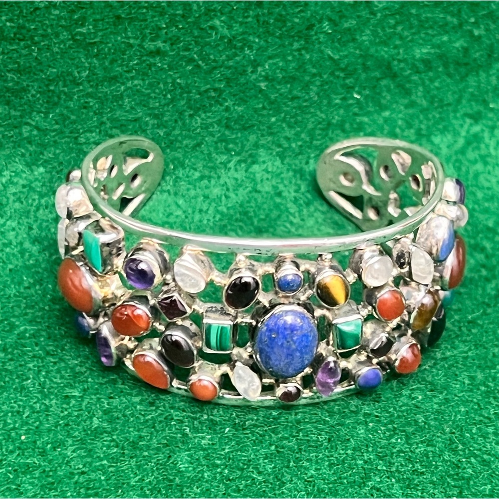 Vintage 925 sterling silver multi precious gemstones cuff Bracelet